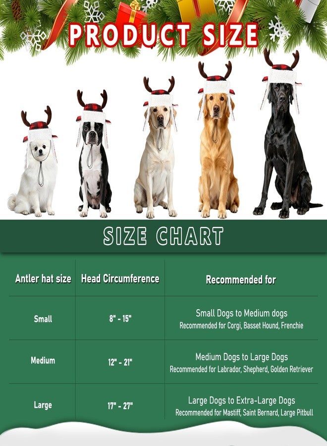 BWOGUE Christmas Antler Dog Santa Hat and Scarf, Adjustable Red Plaid Christmas Dog Hat, Pet Winter Neck Warmer and Festive Party Costumes for Medium to Large Dogs - Image 2